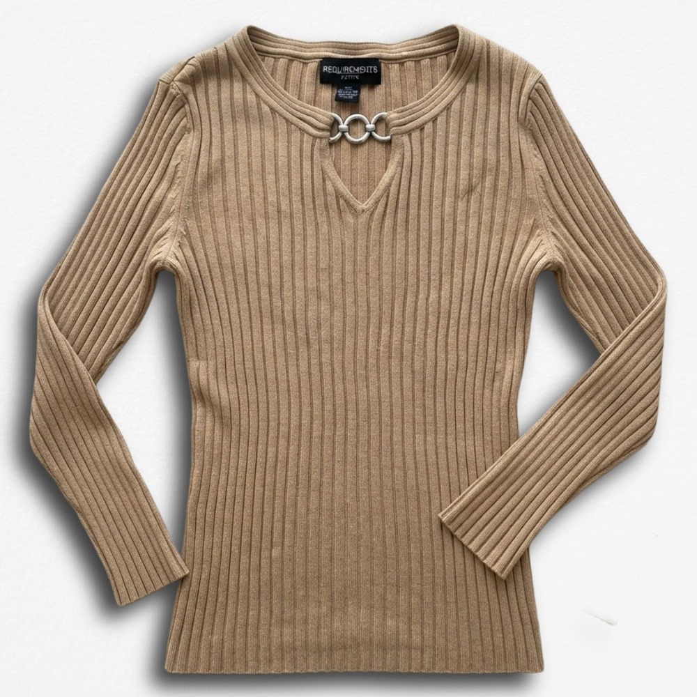 Requirements Petite Tan Ribbed Knit Keyhole Chain Link Sweater Top PXL Womens